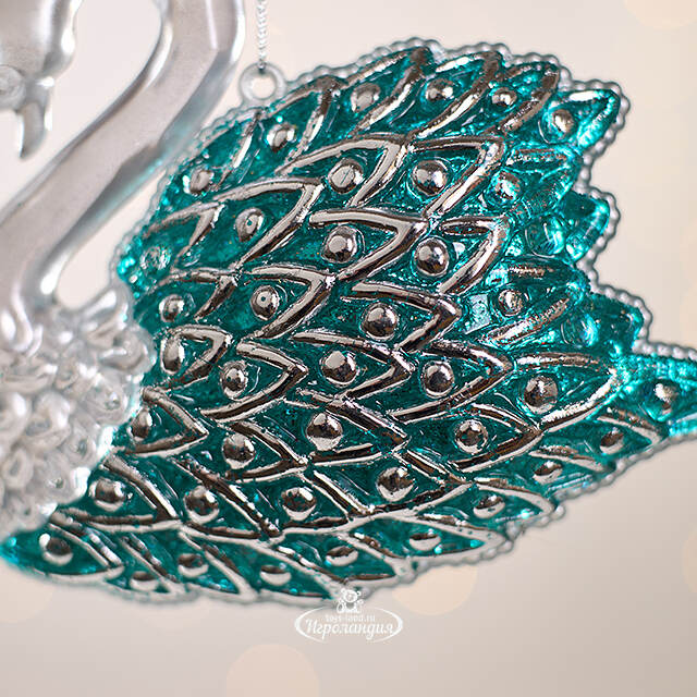 Елочная игрушка Лебединая Песня 12 см серебристая с бирюзовым, подвеска Forest Market