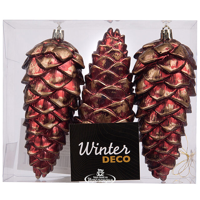 Елочная игрушка Шишка Fattura - Antique Bordo 14 см, 3 шт, пластик, подвеска Winter Deco