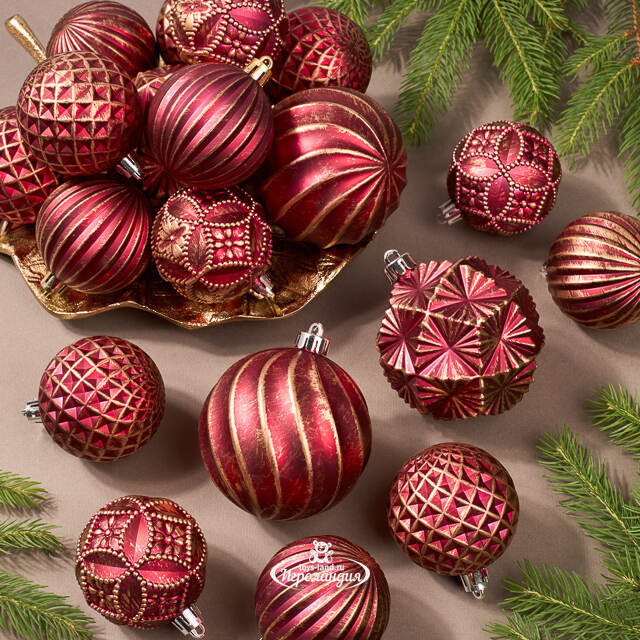 Набор пластиковых шаров Каларитес 6-8 см, 24 шт, бордовый с золотым Winter Deco