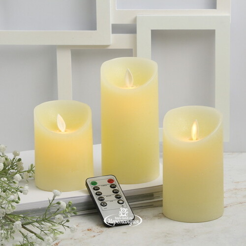 Набор восковых светодиодных свечей с имитацией пламени Magic Flame 11-15 см, 3 шт, с пультом, кремовые, на батарейках Peha