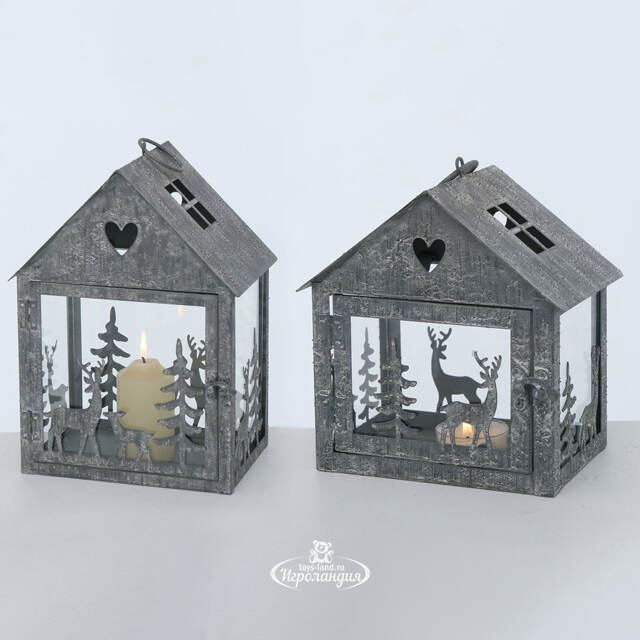 Набор подсвечников-домиков Олени в Лесу 16-27 см серый, 2 шт Boltze