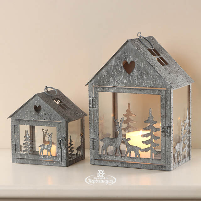 Набор подсвечников-домиков Олени в Лесу 16-27 см серый, 2 шт Boltze