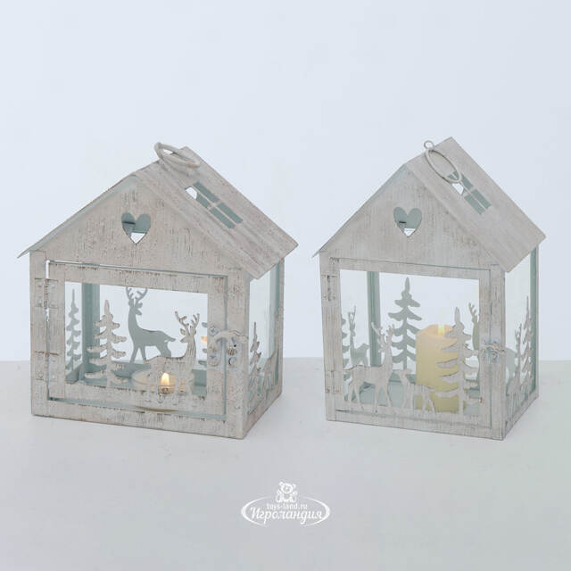 Набор подсвечников-домиков Олени в Лесу 16-27 см белый, 2 шт Boltze