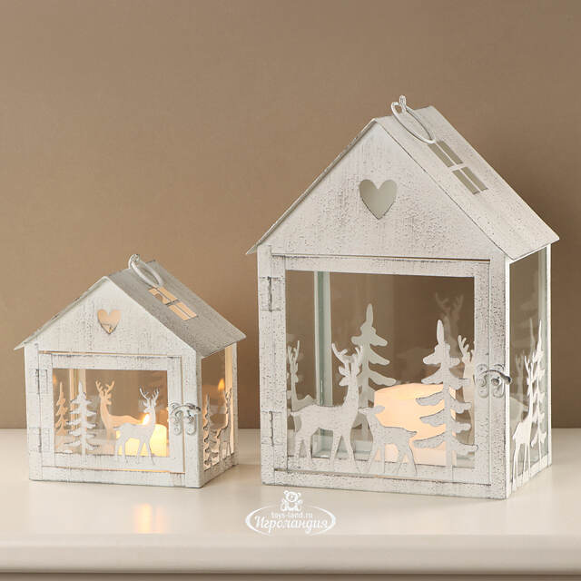 Набор подсвечников-домиков Олени в Лесу 16-27 см белый, 2 шт Boltze