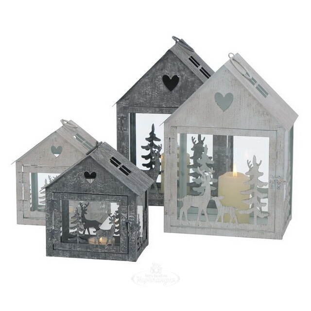 Набор подсвечников-домиков Олени в Лесу 16-27 см серый, 2 шт Boltze