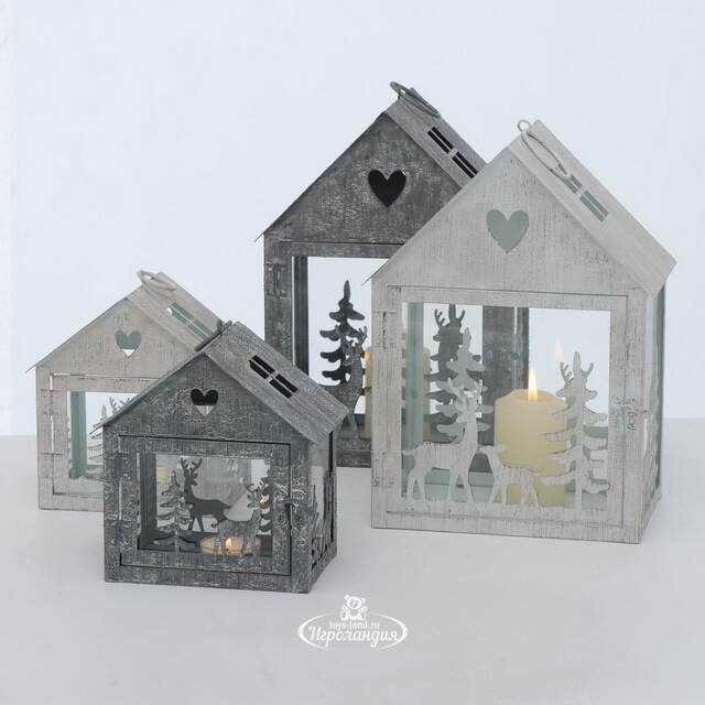 Набор подсвечников-домиков Олени в Лесу 16-27 см серый, 2 шт Boltze