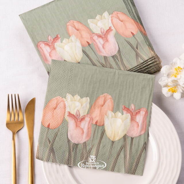 Бумажные салфетки Тюльпаны 17*17 см зеленые, 20 шт Boltze (Больтце)