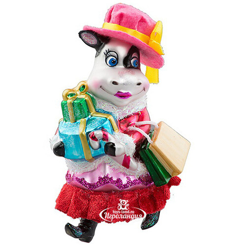 Стеклянная елочная игрушка Корова Мэри-Кейт на Парижском шоппинге 12 см, подвеска Holiday Classics