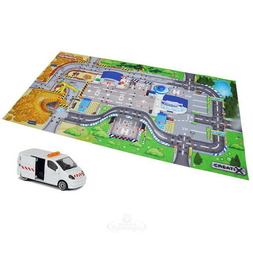 Игровой коврик Creatix - Стройка с машиной дорожной службы 96*51 см Majorette