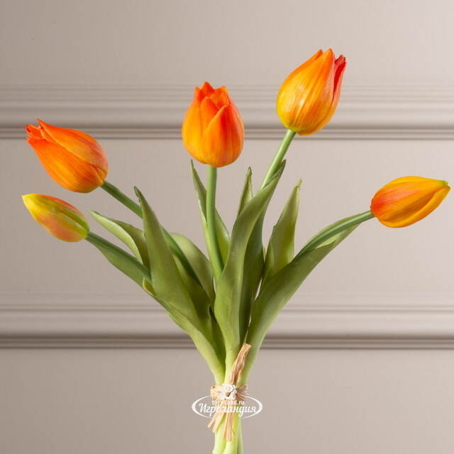 Силиконовые цветы Тюльпаны Паратео 5 шт, 26 см оранжевые EDG