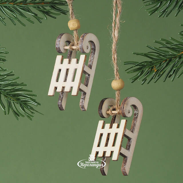 Деревянная елочная игрушка Санки Морозко 6 см, 2 шт, подвеска Breitner