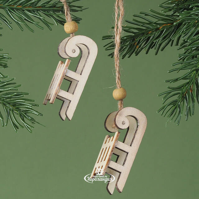 Деревянная елочная игрушка Санки Морозко 6 см, 2 шт, подвеска Breitner