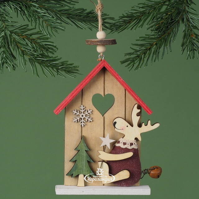 Деревянная елочная игрушка Праздничный домик Оленя с елочкой 15 см, подвеска Breitner