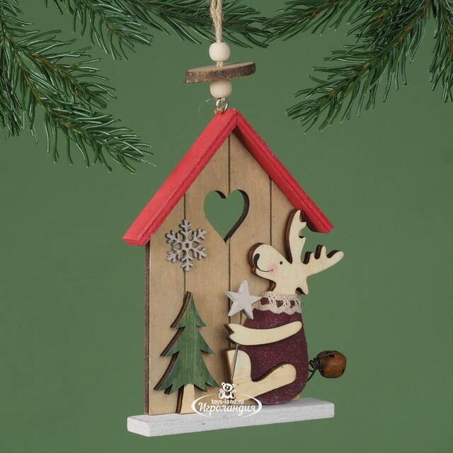 Деревянная елочная игрушка Праздничный домик Оленя с елочкой 15 см, подвеска Breitner