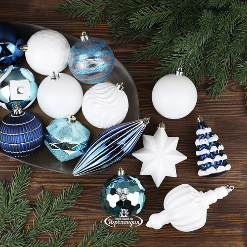 Набор елочных игрушек Midnight Miracle 8-15 см, 14 шт, белый с синим, пластик Winter Deco