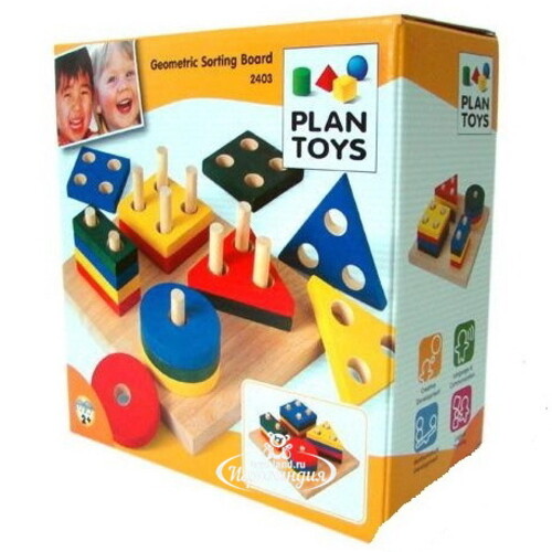 Развивающая игрушка Сортер Доска с геометрическими фигурами 18 см, дерево Plan Toys