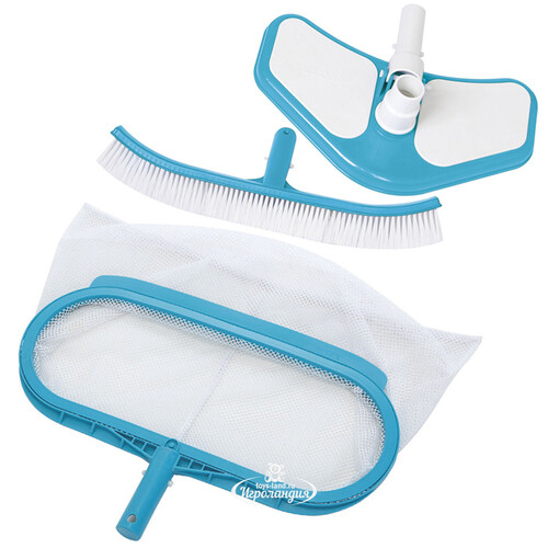 Набор насадок для чистки бассейна Deluxe, голубой: вакуумный пылесос, изогнутая щетка, придонный сачок INTEX