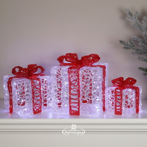 Светящиеся подарки Red Diletta 15-25 см, 3 шт, 60 холодных белых микро LED ламп, на батарейках, IP44 Winter Deco