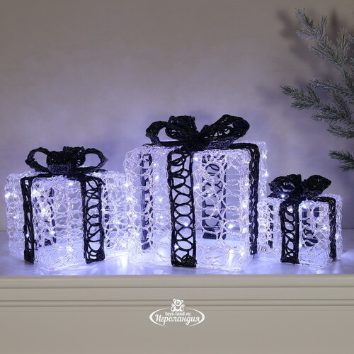 Светящиеся подарки Black Diletta 15-25 см, 3 шт, 60 холодных белых микро LED ламп, IP44 Winter Deco