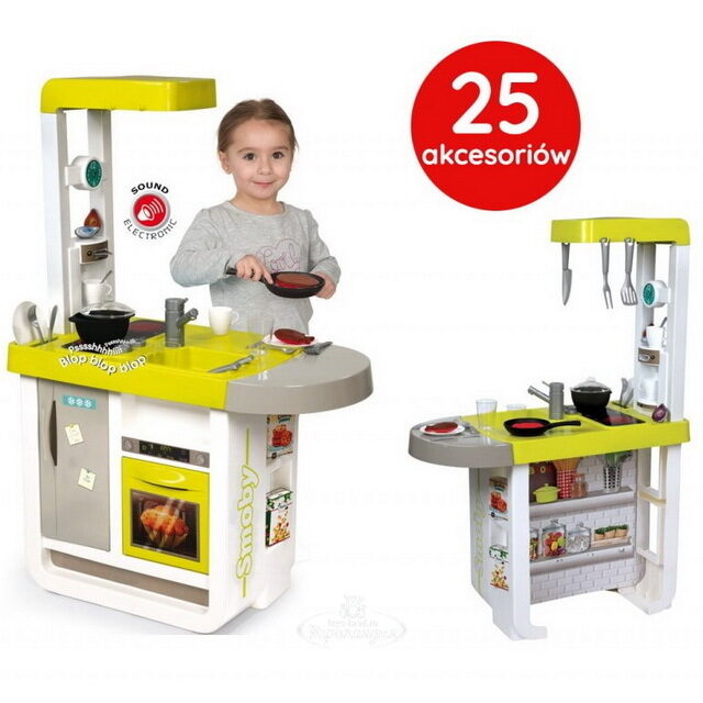 Детская кухня Smoby Cherry 96*66 см, 25 предметов, салатовая с серым, со звуком Smoby