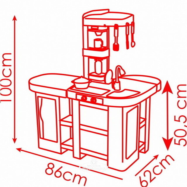 Детская кухня Tefal Studio XXL 100*86 см, 38 предметов, красная с серым, со звуком и пузырьками Smoby