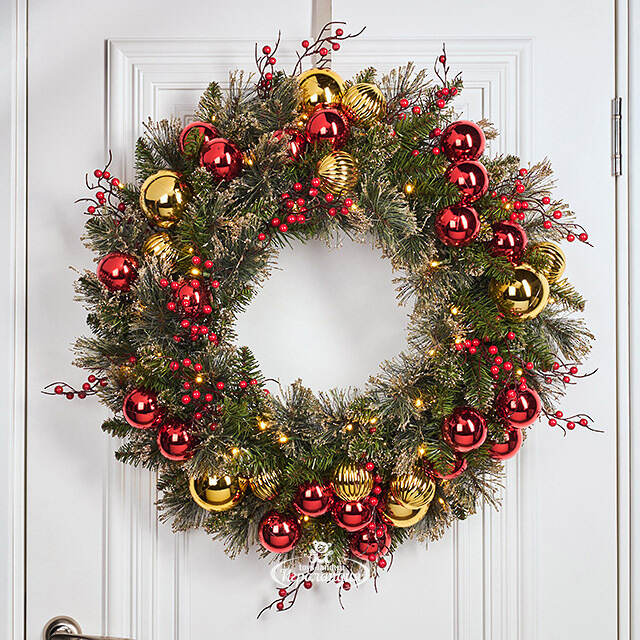 Венок с лампочками Dakota заснеженный 61 см, 50 теплых белых LED ламп на батарейках, ЛЕСКА + ПВХ National Tree Company