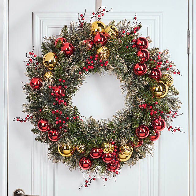 Венок с лампочками Dakota заснеженный 61 см, 50 теплых белых LED ламп на батарейках, ЛЕСКА + ПВХ National Tree Company