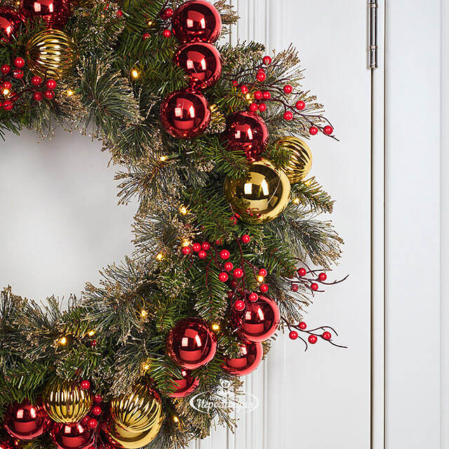 Венок с лампочками Dakota заснеженный 61 см, 50 теплых белых LED ламп на батарейках, ЛЕСКА + ПВХ National Tree Company