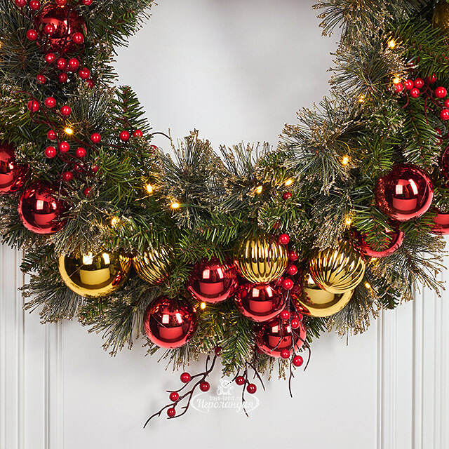 Венок с лампочками Dakota заснеженный 61 см, 50 теплых белых LED ламп на батарейках, ЛЕСКА + ПВХ National Tree Company