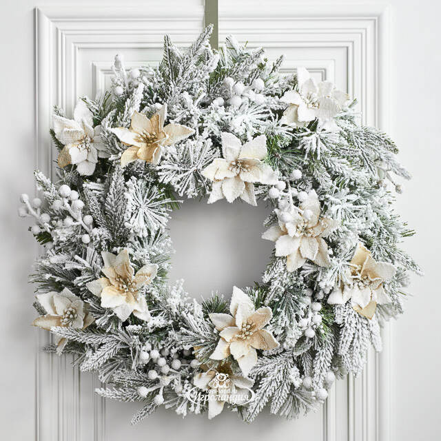 Венок с лампочками Colonial заснеженный 61 см, 50 теплых белых LED ламп, на батарейках, ЛИТАЯ + ЛЕСКА + ПВХ National Tree Company