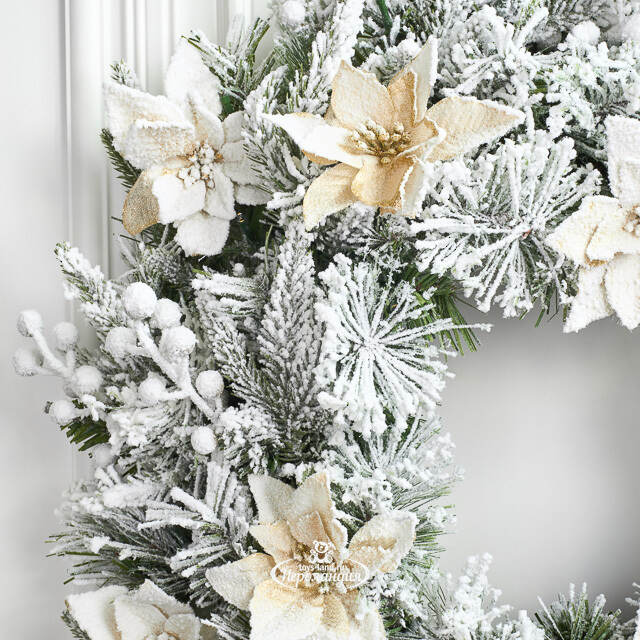 Венок с лампочками Colonial заснеженный 61 см, 50 теплых белых LED ламп, на батарейках, ЛИТАЯ + ЛЕСКА + ПВХ National Tree Company