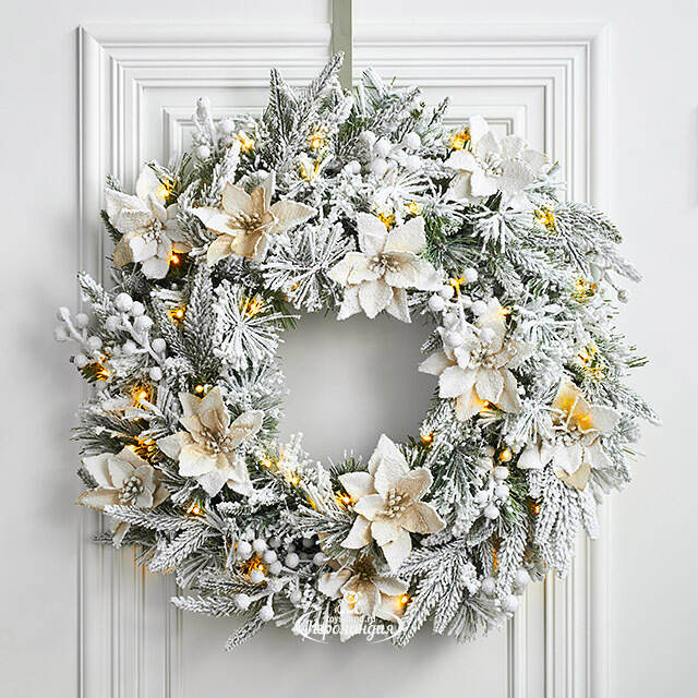 Венок с лампочками Colonial заснеженный 61 см, 50 теплых белых LED ламп, на батарейках, ЛИТАЯ + ЛЕСКА + ПВХ National Tree Company