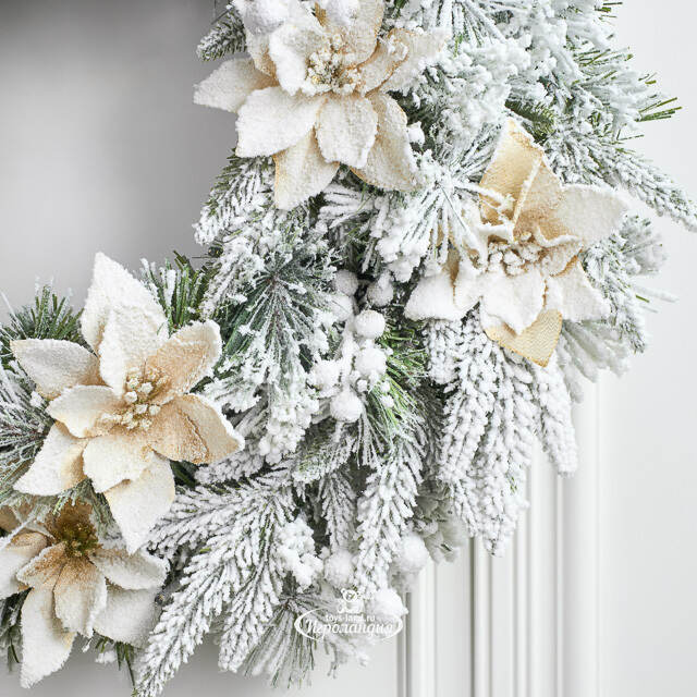 Венок с лампочками Colonial заснеженный 61 см, 50 теплых белых LED ламп, на батарейках, ЛИТАЯ + ЛЕСКА + ПВХ National Tree Company