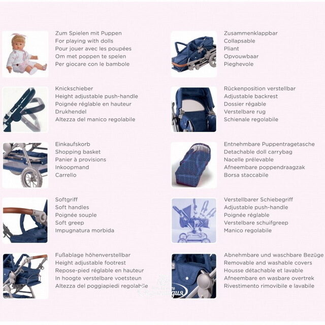 Коляска-трансформер для куклы Деним 86*82 см с регулируемой ручкой Gotz