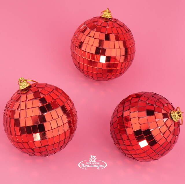 Набор елочных украшений Зеркальный Диско-шар 8 см красный, 3 шт Winter Deco