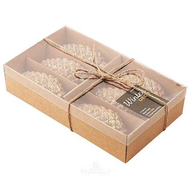 Набор стеклянных елочных игрушек Шишки Bertiolo 10 см, 6 шт, подвеска Winter Deco