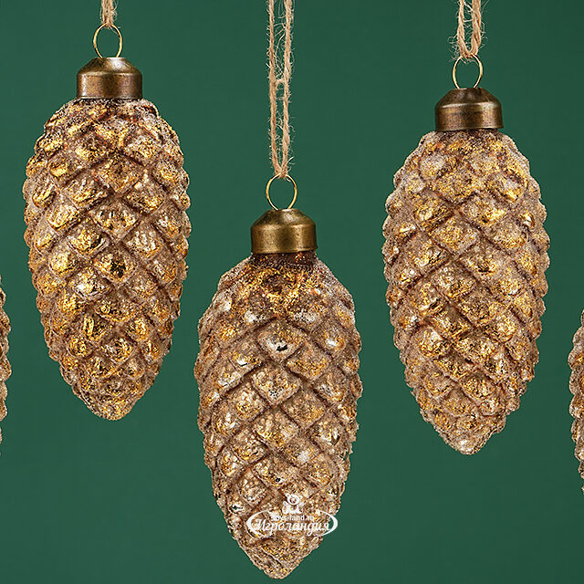 Набор стеклянных елочных игрушек Шишки Bertiolo 10 см, 6 шт, подвеска Winter Deco