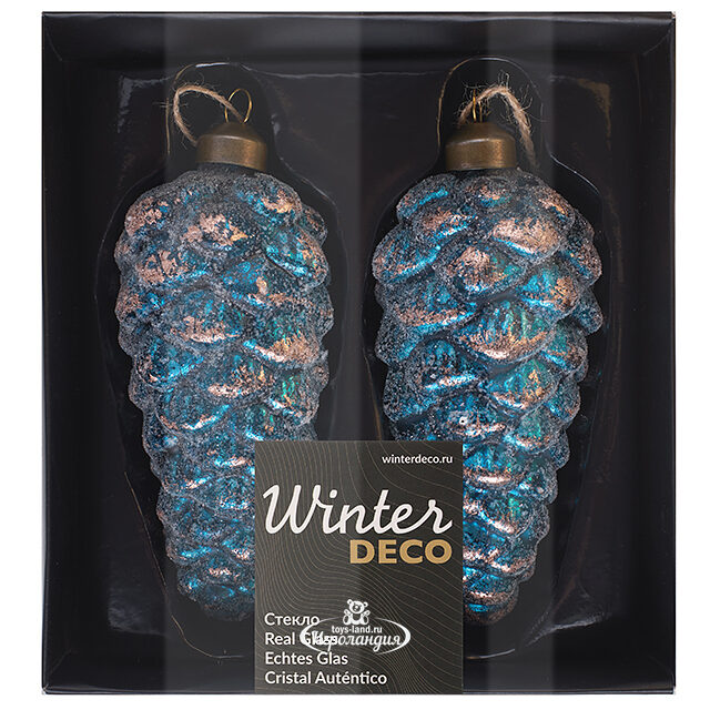 Набор стеклянных елочных игрушек Шишки Bartolo 14 см синий, 2 шт, подвеска Winter Deco