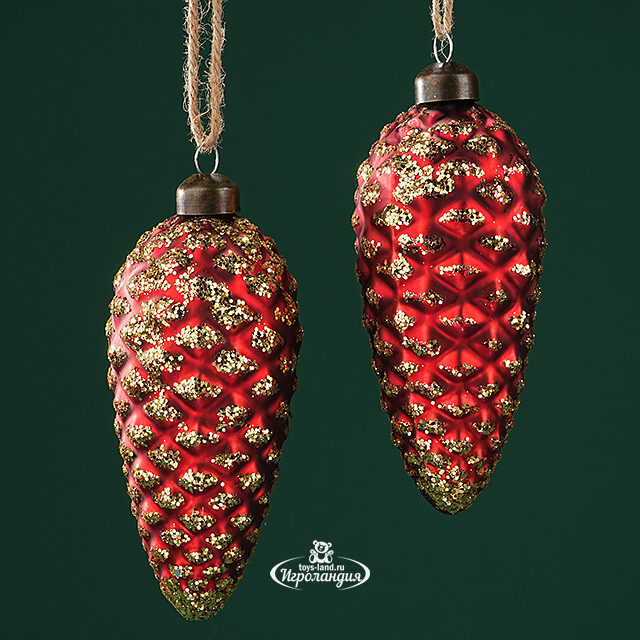 Набор стеклянных елочных игрушек Шишки Bartolo 14 см красный, 2 шт, подвеска Winter Deco
