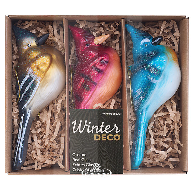 Набор стеклянных елочных игрушек Птички Bakoli 14 см, 3 шт, подвеска Winter Deco