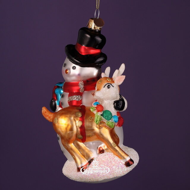 Стеклянная елочная игрушка Снеговик Дин с Олененком 14 см, подвеска Winter Deco