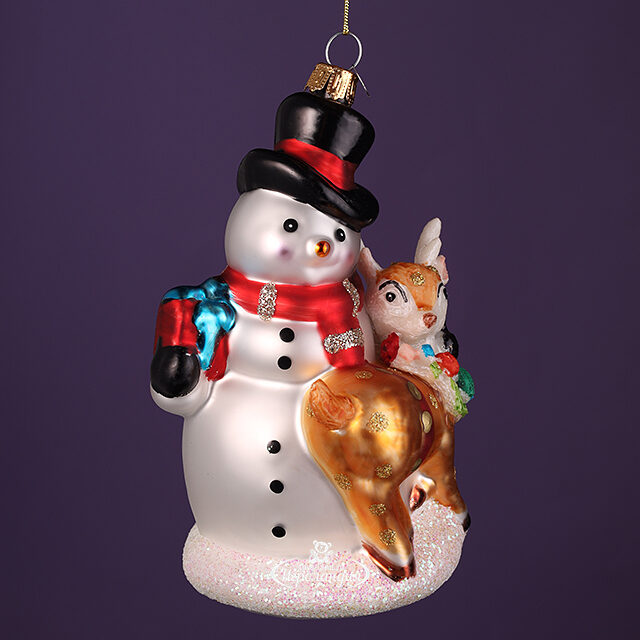 Стеклянная елочная игрушка Снеговик Дин с Олененком 14 см, подвеска Winter Deco