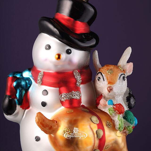 Стеклянная елочная игрушка Снеговик Дин с Олененком 14 см, подвеска Winter Deco