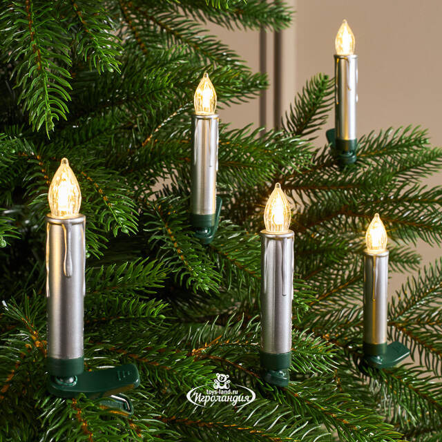 Свечи на елку Acogedora Noche 11 см серебряные, 10 шт, теплые белые LED лампы, на клипсе, пульт управления, таймер, на батарейках, IP20 Winter Deco