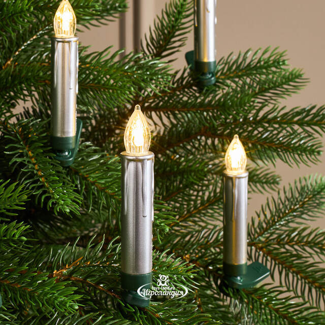 Свечи на елку Acogedora Noche 11 см серебряные, 10 шт, теплые белые LED лампы, на клипсе, пульт управления, таймер, на батарейках, IP20 Winter Deco