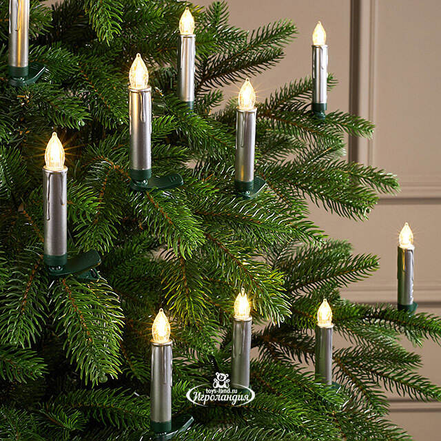 Свечи на елку Acogedora Noche 11 см серебряные, 10 шт, теплые белые LED лампы, на клипсе, пульт управления, таймер, на батарейках, IP20 Winter Deco