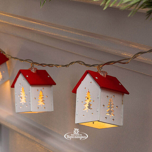 Светодиодная гирлянда на батарейках Домики - Елочки 1.8 м, 10 теплых LED ламп Winter Deco