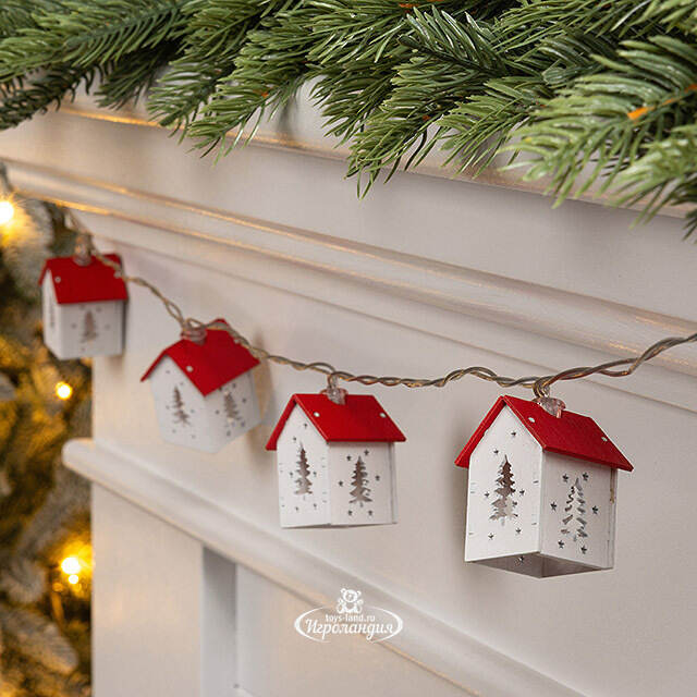 Светодиодная гирлянда на батарейках Домики - Елочки 1.8 м, 10 теплых LED ламп Winter Deco