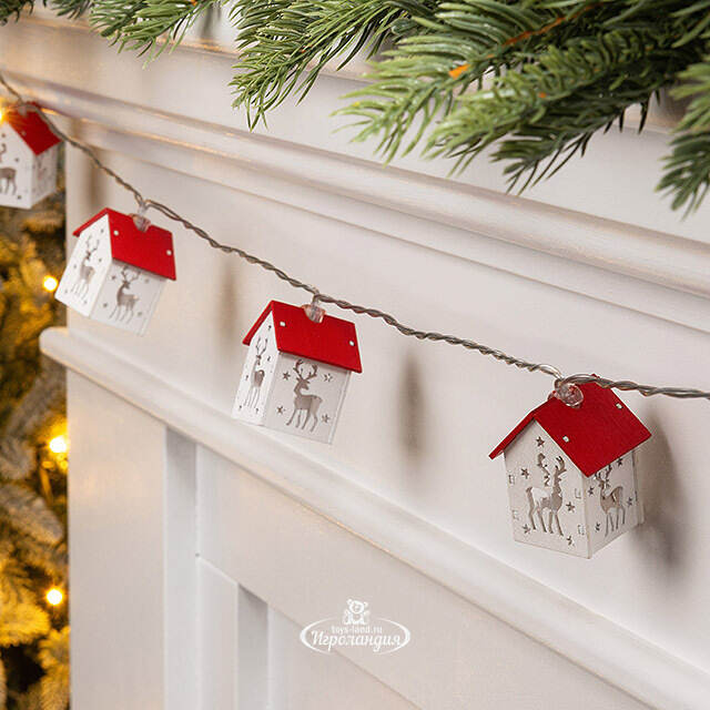 Светодиодная гирлянда на батарейках Домики - Олени 1.8 м, 10 теплых LED ламп Winter Deco
