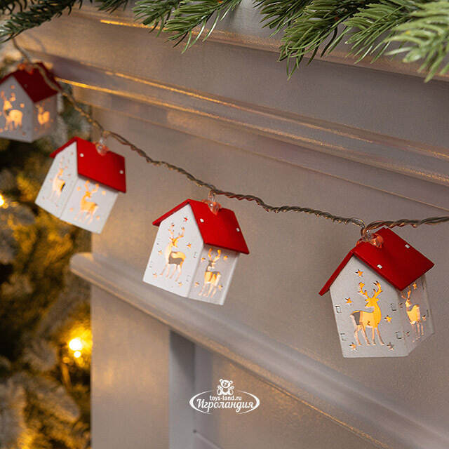 Светодиодная гирлянда на батарейках Домики - Олени 1.8 м, 10 теплых LED ламп Winter Deco